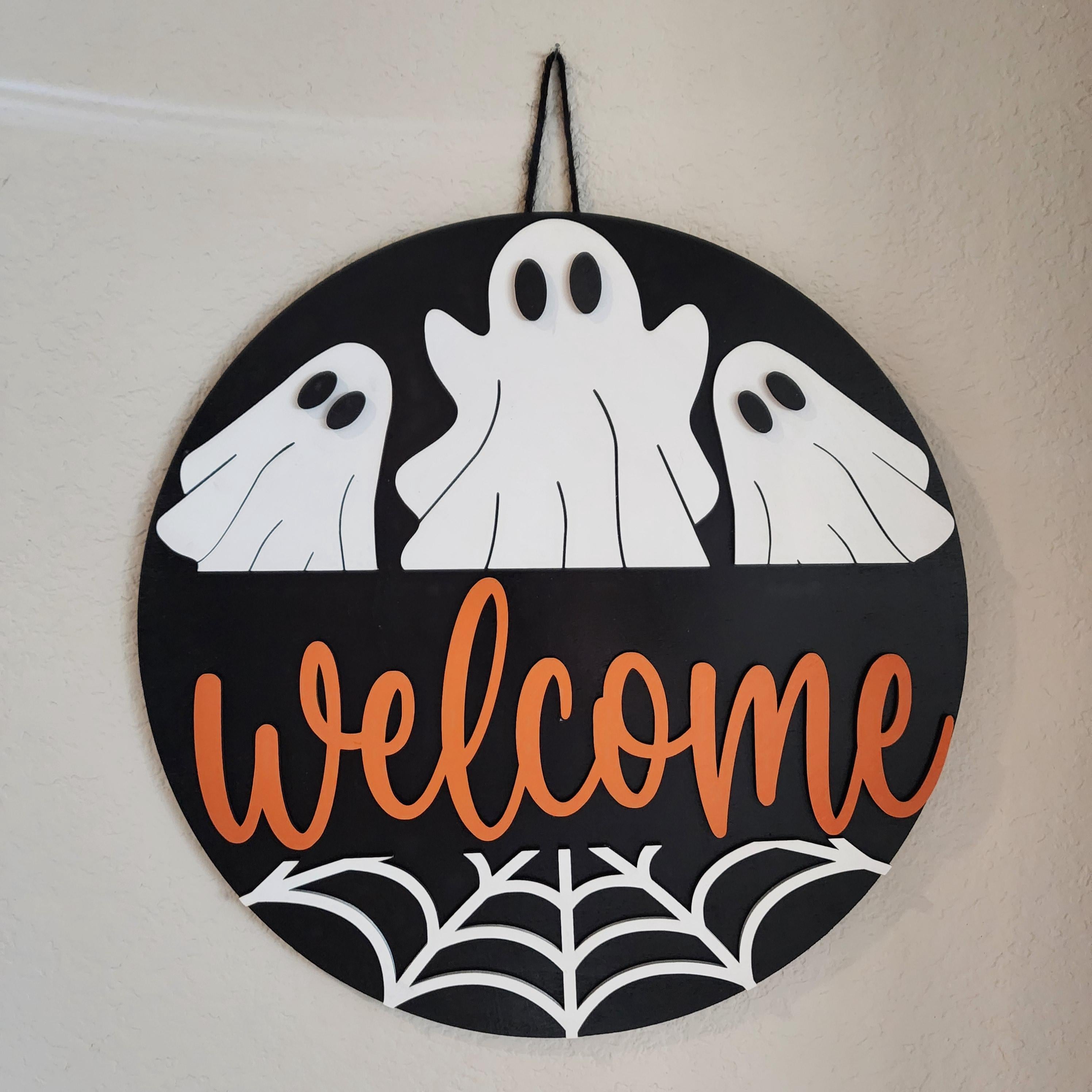 Halloween Welcome Sign | Ghost & Spider Web Wood Door Hanger