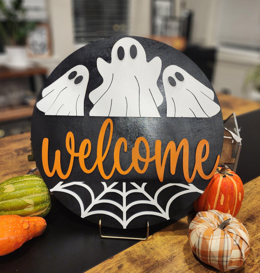Halloween Welcome Sign | Ghost & Spider Web Wood Door Hanger