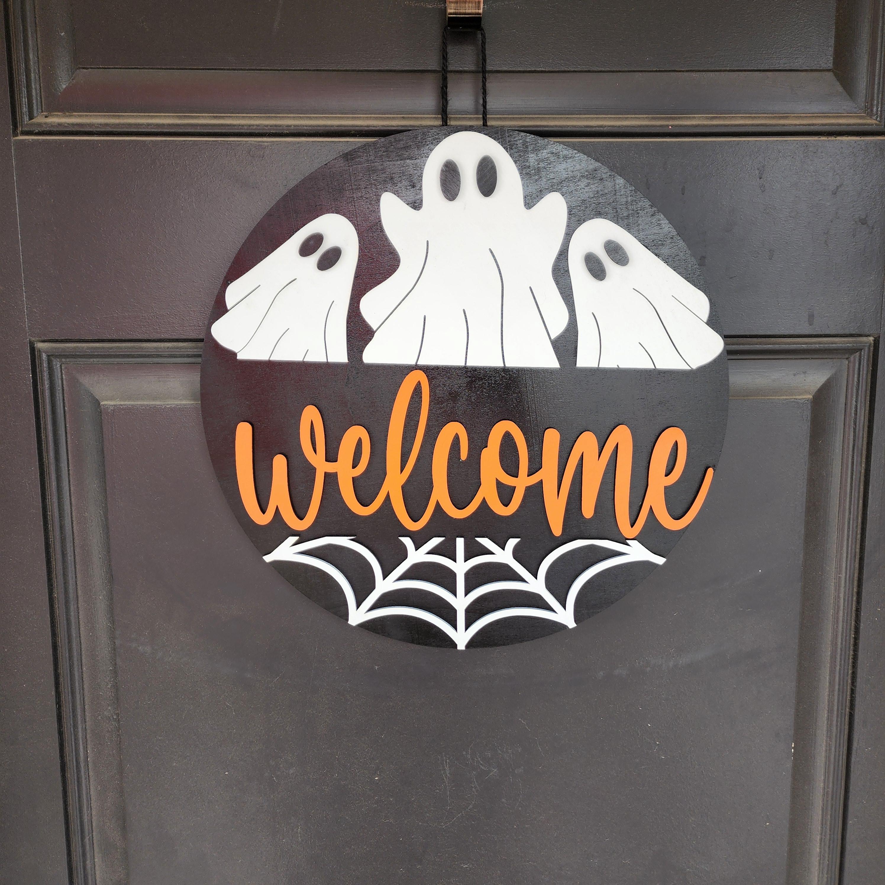Halloween Welcome Sign | Ghost & Spider Web Wood Door Hanger